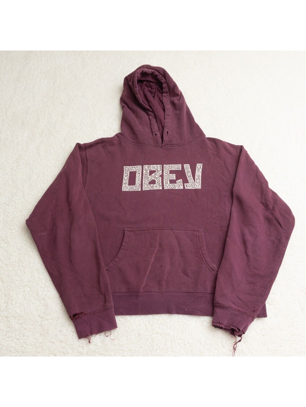 Vintage Obey Hoodie Women's Size Large Cropped Maroon Thrashed Perfect Fade
